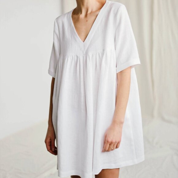 OFFON Linen Smock Mini Dress Cecile, Navy & Blue Stripes, Small - Picture 6 of 6